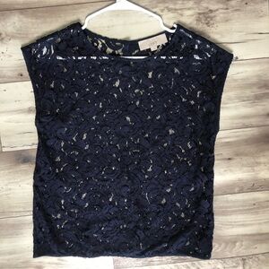 LOFT Ann Taylor Blue Lace Sheer Cap Sleeve Top | Extra Small